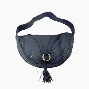 BCBGirls Black Leather Boho Southwestern Hobo Tassel Purse Whipstitch Handbag